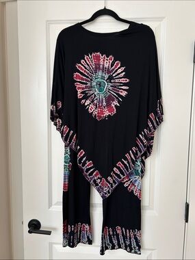 India Boutique Black Tie-Dye Floral Boho Tunic Set